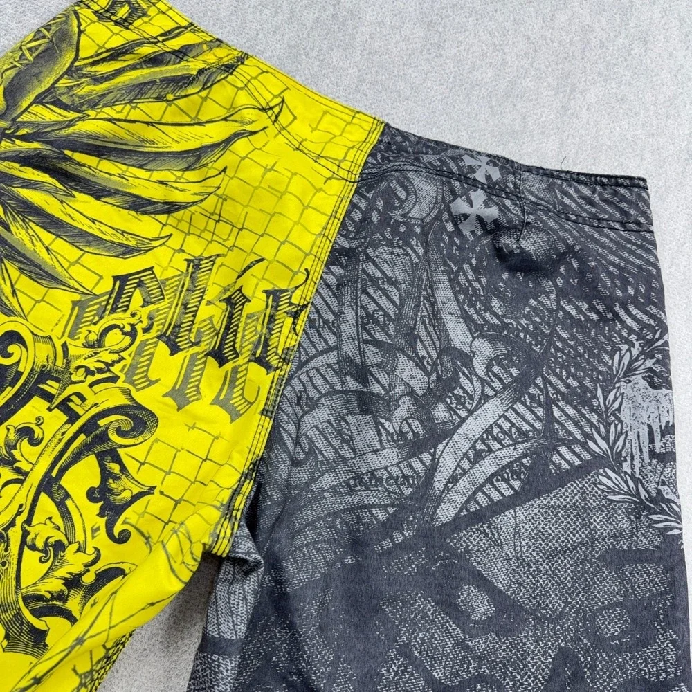 MMA Elite Board Shorts Men Large Yellow Gray Swim Trunks Skull Wings AOP Y2K